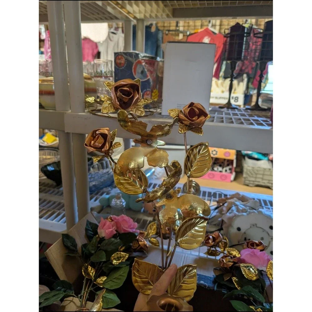 AT-1 Home Accents Gold Metal Rose Stems with Pink Fabric Roses